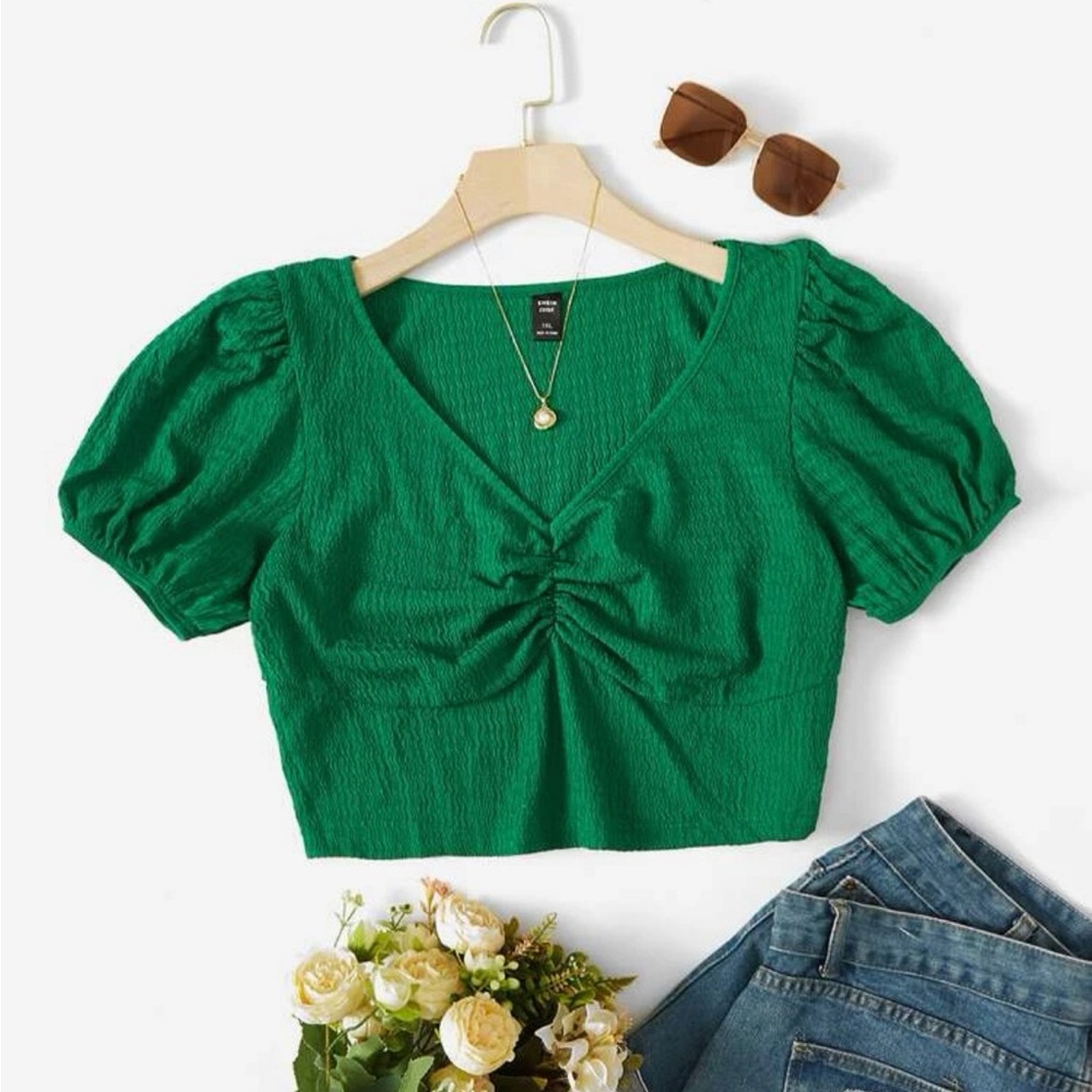 Ruched Puff Sleeve Tee Green